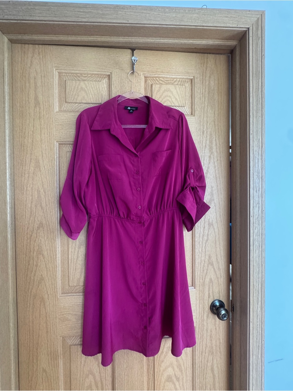 AB Studio Magenta Shirtdress Roll Tab Sleeve Button Down Utility Dress Plum 12